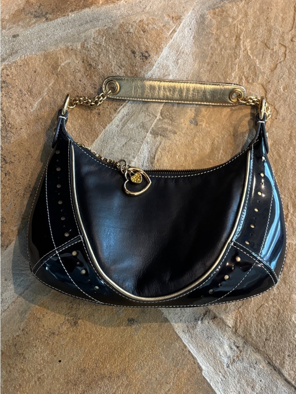 Black Lovcat Paris Shoulder Hobo with Gold Chain and Heart Charm